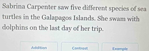 Sabrina Carpenter saw five different species of sea 
turtles in the Galapagos Islands. She swam with 
dolphins on the last day of her trip. 
Addition Contrast Example