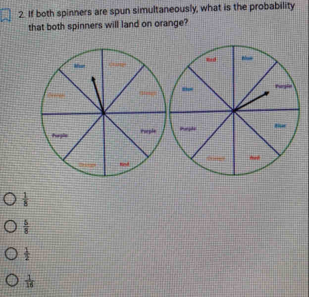 If both spinners are spun simultaneously, what is the probability
that both spinners will land on orange?

 1/8 
 5/8 
 1/2 
 1/16 