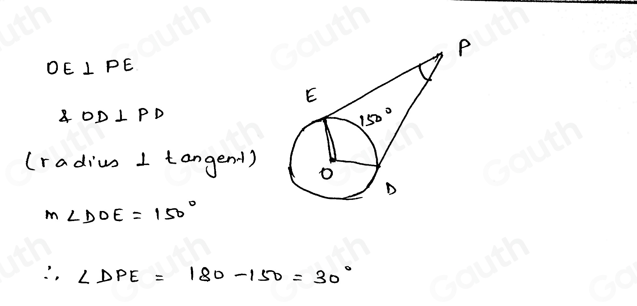 P
OE⊥ PE
ADD⊥ PD
(radius 1 tangend)
m∠ DOE=150°
∴ ∠ DPE=180-150=30°