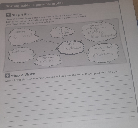 Writing guide: a personal profile 
Step 1 Plan 
Think of a friend. Make notes about them on the mind map. Then look 
elle on page 10. Number the information about 
_ 
Step 2 Write 
_Write a first draft. Use the notes you made in Step 1. Use the model text on page 10 to help 
_ 
_ 
_ 
_ 
_ 
_ 
_ 
_