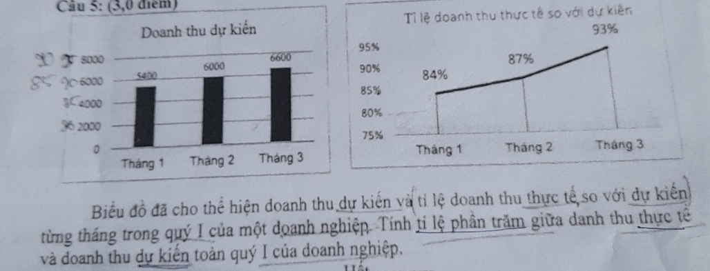 (3,0 điểm) 
Tỉ lệ doanh thu thực tế so với dự kiên 

Biểu đồ đã cho thể hiện doanh thu dự kiến và tỉ lệ doanh thu thực tế so với dự kiến 
từng tháng trong quý I của một doanh nghiệp. Tính tỉ lệ phần trăm giữa danh thu thực tế 
và đoanh thu dự kiến toàn quý I của doanh nghiệp.