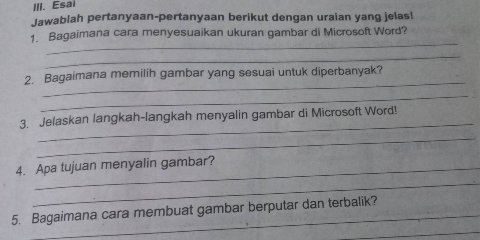 Esai 
Jawablah pertanyaan-pertanyaan berikut dengan uraian yang jelas! 
_ 
1. Bagaimana cara menyesuaikan ukuran gambar di Microsoft Word? 
_ 
_ 
2. Bagaimana memilih gambar yang sesuai untuk diperbanyak? 
_ 
_ 
3. Jelaskan langkah-langkah menyalin gambar di Microsoft Word! 
_ 
4. Apa tujuan menyalin gambar? 
_ 
5. Bagaimana cara membuat gambar berputar dan terbalik? 
_