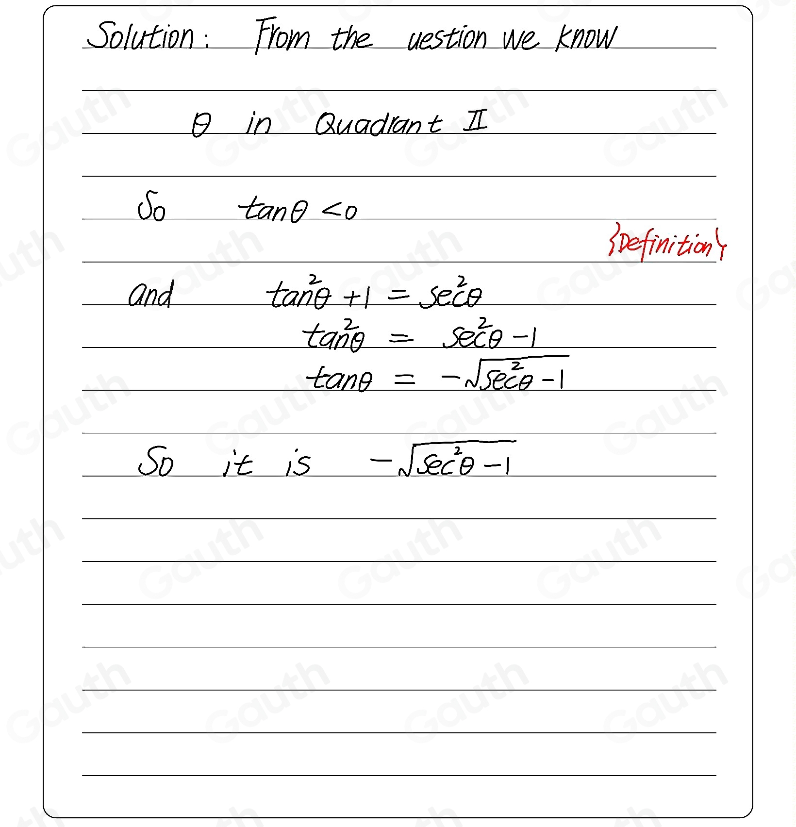 Solved: Express tan (θ ) in terms of sec (θ ) for θ in Quadrant II. tan ...