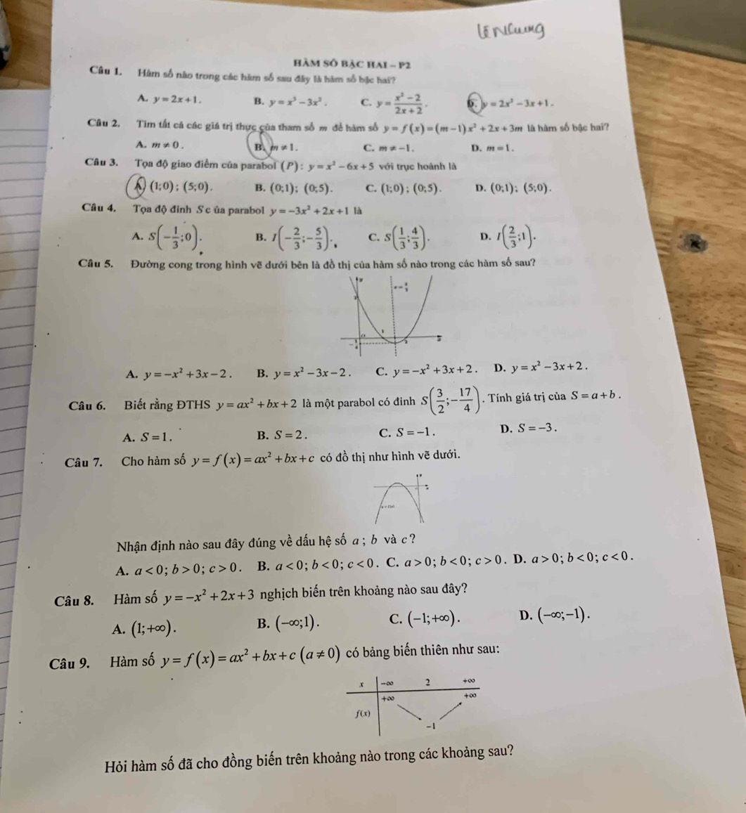 hàm Số BảC HAI - P2
Câu 1. Hàm số nào trong các hàm số sau đây là hàm số bậc hai?
A. y=2x+1. B. y=x^3-3x^2. C. y= (x^2-2)/2x+2 . 6. y=2x^2-3x+1.
Câu 2. Tìm tất cá các giá trị thực của tham số m để hàm số y=f(x)=(m-1)x^2+2x+3m là hàm số bậc hai?
A. m!= 0. B. m!= 1. C. m!= -1. D. m=1.
Câu 3. Tọa độ giao điểm của parabol (P):y=x^2-6x+5 với trục hoành là
(1;0);(5;0). B. (0;1);(0;5). C. (1;0);(0;5). D. (0;1);(5;0).
Câu 4. Tọa độ đinh S c ủa parabol y=-3x^2+2x+1 là
A. S(- 1/3 ;0). B. I(- 2/3 ;- 5/3 ). C. s( 1/3 ; 4/3 ). D. I( 2/3 ;1).
Câu 5. Đường cong trong hình vẽ dưới bên là đồ thị của hàm số nào trong các hàm số sau?
A. y=-x^2+3x-2. B. y=x^2-3x-2. C. y=-x^2+3x+2. D. y=x^2-3x+2.
Câu 6. Biết rằng ĐTHS y=ax^2+bx+2 là một parabol có đỉnh S( 3/2 ;- 17/4 ). Tính giá trị của S=a+b.
A. S=1. B. S=2. C. S=-1. D. S=-3.
Câu 7. Cho hàm số y=f(x)=ax^2+bx+c có đồ thị như hình vẽ dưới.
Nhận định nào sau đây đúng về dấu hệ số a ; b và c?
A. a<0;b>0;c>0. B. a<0;b<0;c<0</tex> . C. a>0;b<0;c>0. D. a>0;b<0;c<0.
Câu 8. Hàm số y=-x^2+2x+3 nghịch biến trên khoảng nào sau đây?
A. (1;+∈fty ).
B. (-∈fty ;1). C. (-1;+∈fty ). D. (-∈fty ;-1).
Câu 9. Hàm số y=f(x)=ax^2+bx+c(a!= 0) có bảng biến thiên như sau:
Hỏi hàm số đã cho đồng biến trên khoảng nào trong các khoảng sau?