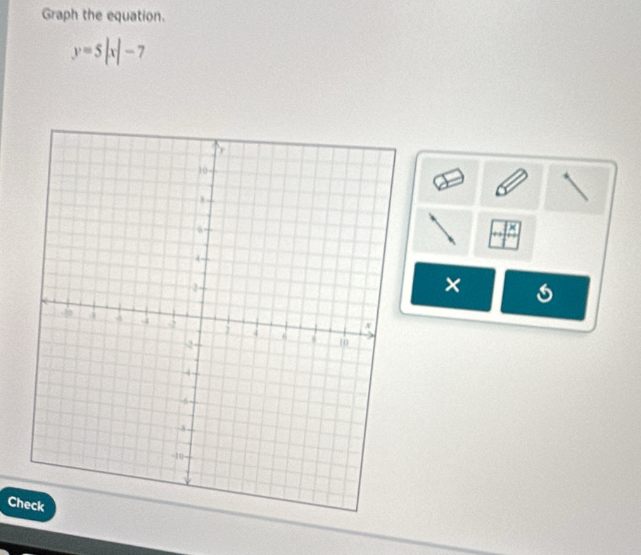 Graph the equation.
y=5|x|-7
× 
Ch