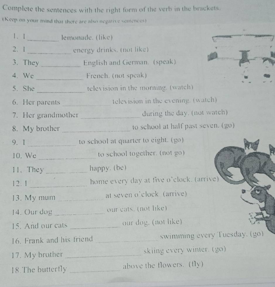 Complete the sentences with the right form of the verb in the brackets. 
(Keep on your mind that there are also negative sentences) 
1. 1 _lemonade. (like) 
2. 1 _energy drinks. (not like) 
3. They _English and German. (speak) 
_ 
4. Wc French. (not speak) 
_ 
5. She television in the morning. (watch) 
6. Her parents _television in the evening. (watch) 
7. Her grandmother _during the day. (not watch) 
8. My brother _to school at half past seven. (go) 
9. 1 _to school at quarter to eight. (go) 
10. We _to school together. (not g) 
11. They _happy. (be) 
12. 1 _home every day at five o'clock. (arrive) 
13. My mum _at seven o'clock. (arrive) 
14. Our dog _our cats. (not like) 
15. And our cats _our dog. (not like) 
16. Frank and his friend _swimming every Tuesday. (go) 
17. My brother _skiing every winter. (go) 
18. The butterfly _above the flowers. (fly) 
_