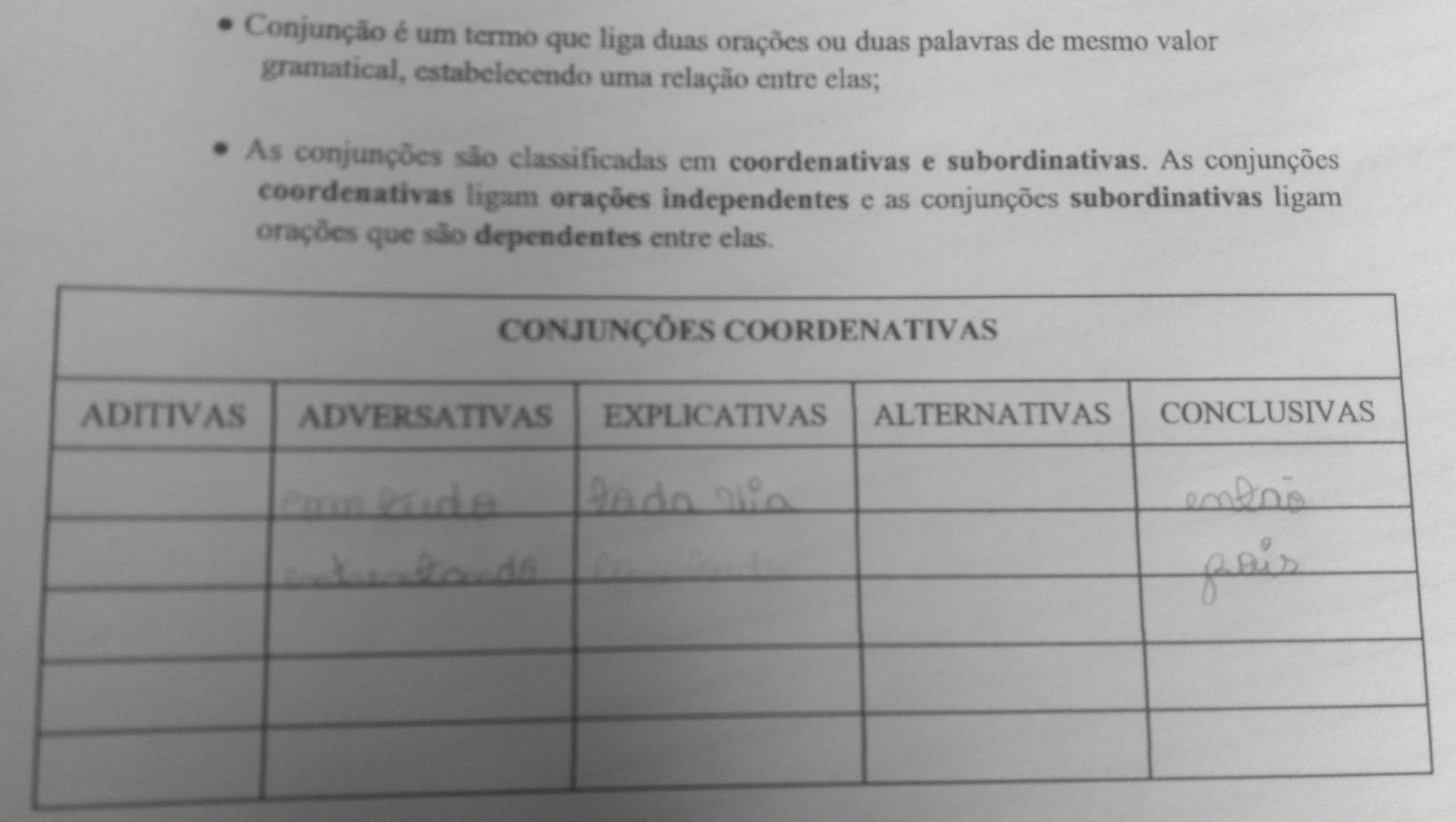 Conjunção é um termo que liga duas orações ou duas palavras de mesmo valor 
gramatical, estabelecendo uma relação entre elas; 
As conjunções são classificadas em coordenativas e subordinativas. As conjunções 
coordenativas ligam orações independentes e as conjunções subordinativas ligam 
orações que são dependentes entre elas.