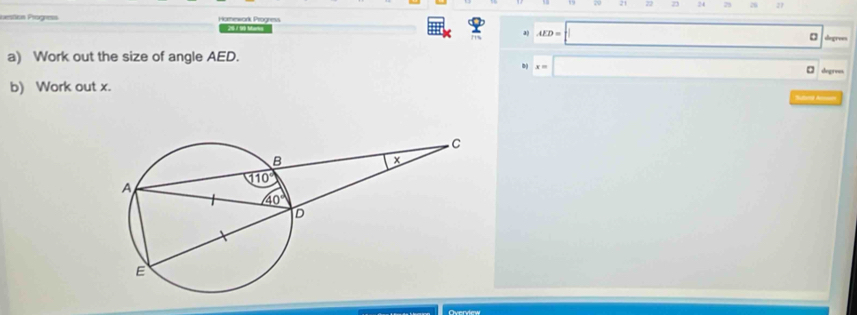 estion Progas Homework Progness    M  
2) AED=□ dm
a) Work out the size of angle AED.
x=□ degrees
b) Work out x.
Sd h
Overview