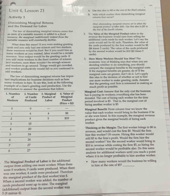 Unit 4, Lesson 21 A. Use this idea to fill in the rest of the third colums
_
Activity 1 B. With which worker does diminishing marginal
returns first occur?
Diminishing Marginal Returns Hint: diminishing margimal returns set in when the
and the Demand for Labor marginal product of labor falls. Lise this ides to fill in
The law of diminishing marginal returns states that the rest of the fourth column.
as more of a variable resource is added to a fixed .
resource, the marginal (additional) output from the 2. The Value of the Marginal Product refers to the
variable resource will eventually decline. revenue the business would earn from selling the
additional cards made by each workez. Let's say the
What does this mean? If you were making greeting cards would sell for $2 each. Therefore, the value of
cards and you only had one scissors and two markers, the cards produced by the first worker would be $8
these resources would be fixed. But if you could hire as ($4 times 2 cards). The value of the cards produced
many workers as you wanted, labor would be a wariable by the second worker would be $10 ($2 times 5
resource. Your output would be the greeting cards. If cardis),
you add more workers to the fixed number of scissors 3. How Many Workers Should You Hire? The
and markers, soon there wouldn't be enough scissors economic way of thinking says that when you are
and markers to go around. Things would get crowded, deciding whether to do something, you should
add workers. and worker productivity would fall as you continued to compare the marginal benefits to the marginal costs.
If the marginal benefits are greater, do it! If the
The law of diminishing marginal returns has impor- marginal costs are greater, don't do it. Let's apply
tant implications for business decisions such as how this idea to the decision of whether or not to hire
many workers to hire. To see this, look at the following one more worker to make greeting cards. Assume
example of a class's greeting card production. Use the much profit as possable. that the greeting card firm is interested in making as 
information to answer the questions that follow. Marginal Cost: Assume that the only cost the business
3. Marginal 4. Value of
1. Number 2. Number of Cards Product of Marginal
of has is paying its workers; everything else has been
onated. The cost of hiring each worker for the time
eriod involved is $5. That is, the marginal cost of
iring another worker is $5.
Marginal Benefit: From column four we know the
alue that each worker would bring to the business if he
r she were hired. In this example, the marginal revenue
product gives the marginal benefit of hiring each
worker.
Thinking at the Margin: The first worker brings in $8 in
evenue, and would cost the firm $5. Would the firm
hire this worker? Of course. Hiring this worker would
add $3 to the firm's profit. Would the firm hire the
second worker? Yes: the second worker would bring in
$10 in revenue while costing the firm $5, so hiring the
second worker would be profitable also. Do this same
analysis for additional workers until you reach a point
where it is no longer profitable to hire another worker.
The Marginal Product of Labor is the additional
output from adding one more worker. When there How many workers would the business be willing
were 0 workers, 0 cards were produced. When there to hire at the rate of $5?_
was one worker, 4 cards were produced. Therefore
the marginal product of the first worker was 4.
When a second worker was added, the number of
cards produced went up to nine. The marginal
(additional) output from the second worker was
5 (9 minus 4).
