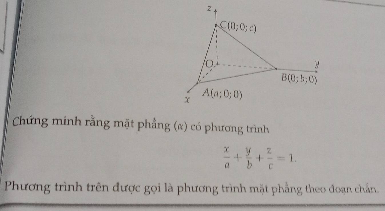 Chứng minh rằng mặt phẳng (α) có phương trình
 x/a + y/b + z/c =1.
Phương trình trên được gọi là phương trình mặt phẳng theo đoạn chấn.