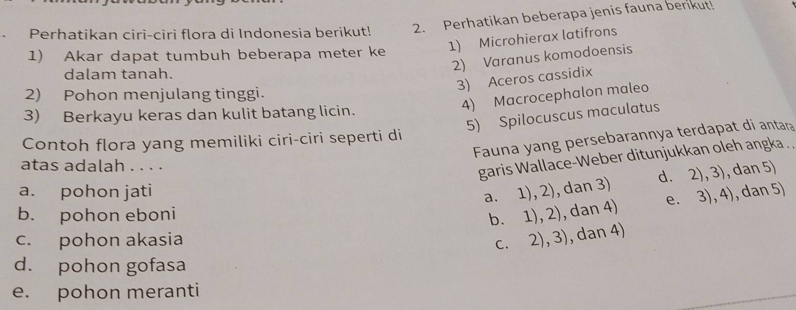 Perhatikan ciri-ciri flora di Indonesia berikut! 2. Perhatikan beberapa jenis fauna berikut!
1) Microhierax latifrons
1) Akar dapat tumbuh beberapa meter ke
2) Varanus komodoensis
dalam tanah.
3) Aceros cassidix
2) Pohon menjulang tinggi.
4) Macrocephalon maleo
3) Berkayu keras dan kulit batang licin.
5) Spilocuscus maculatus
Fauna yang persebarannya terdapat di antara
Contoh flora yang memiliki ciri-ciri seperti di
atas adalah . . . .
garis Wallace-Weber ditunjukkan oleh angka .
a. pohon jati 1),2) , dan 3) d. 2),3) , dan 5)
a.
b. pohon eboni
b. 1),2) , dan 4) e. 3),4) , dan 5)
c. pohon akasia C. 2),3) , dan 4)
d. pohon gofasa
e. pohon meranti