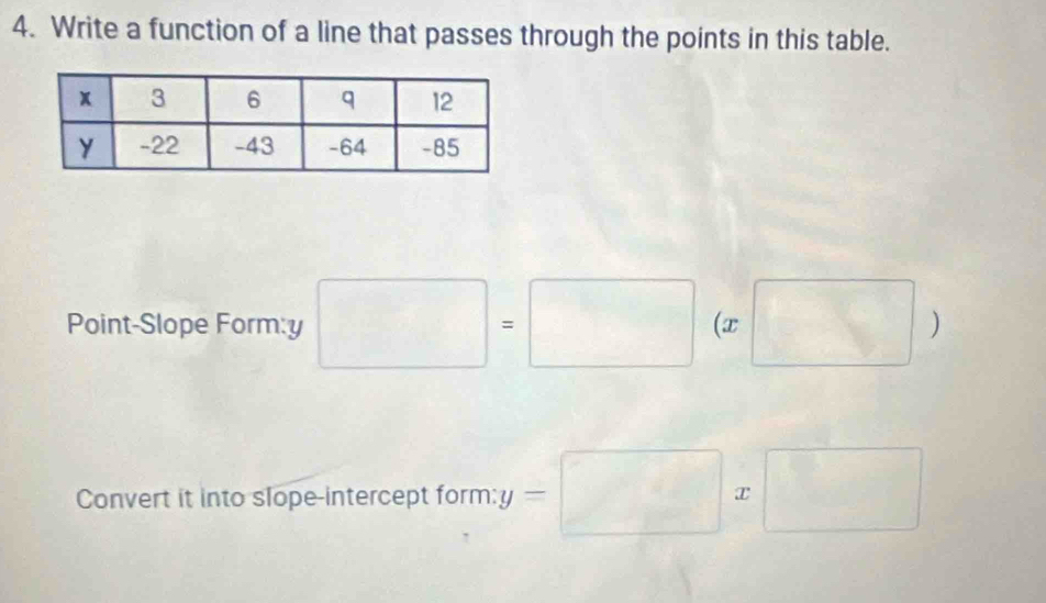 Write a function of a line that passes through the points in this table. 
Point-Slope Form: y □ =□ (a (x□ )
Convert it into slope-intercept form: y=□ x□