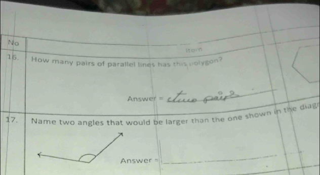 No 
ltern 
16. How many pairs of parallel lines has this polygon? 
Answer = 
_ 
_ 
17. Name two angles that would be larger than the one shown in the diag 
Answer = 
_