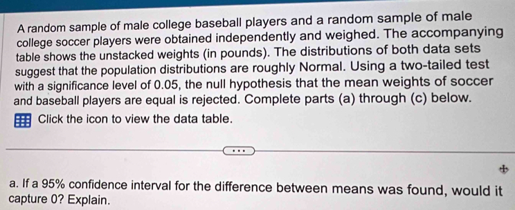 A random sample of male college baseball players and a random sample of male 
college soccer players were obtained independently and weighed. The accompanying 
table shows the unstacked weights (in pounds). The distributions of both data sets 
suggest that the population distributions are roughly Normal. Using a two-tailed test 
with a significance level of 0.05, the null hypothesis that the mean weights of soccer 
and baseball players are equal is rejected. Complete parts (a) through (c) below. 
Click the icon to view the data table. 
a. If a 95% confidence interval for the difference between means was found, would it 
capture 0? Explain.