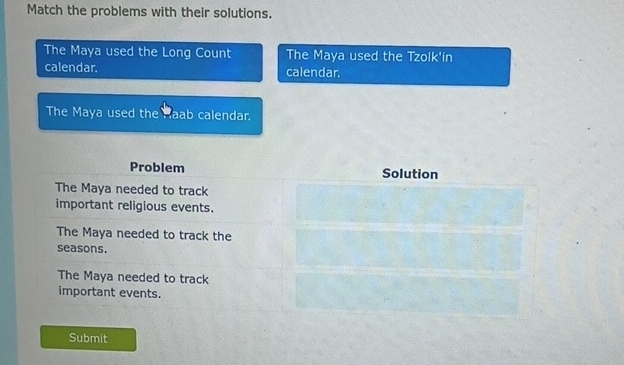 Match the problems with their solutions. 
The Maya used the Long Count The Maya used the Tzolk'in 
calendar. calendar. 
The Maya used the Haab calendar. 
Problem Solution 
The Maya needed to track 
important religious events. 
The Maya needed to track the 
seasons. 
The Maya needed to track 
important events. 
Submit