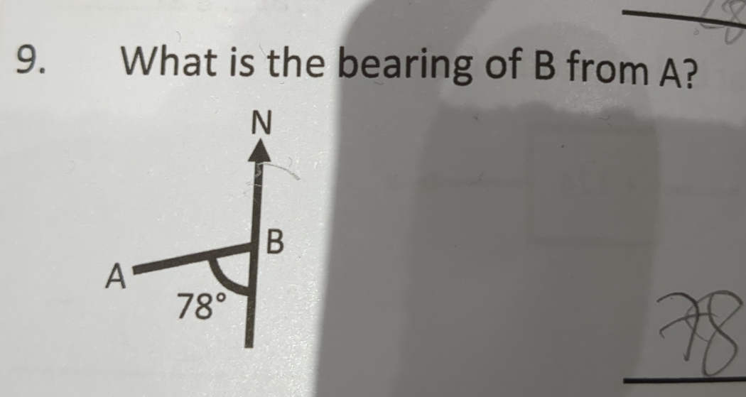 What is the bearing of B from A?
N
B
A
78°