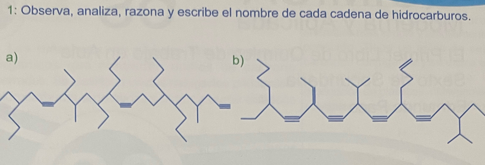 1: Observa, analiza, razona y escribe el nombre de cada cadena de hidrocarburos.