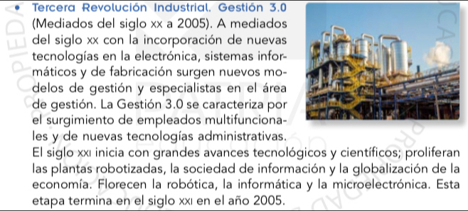 Tercera Revolución Industrial, Gestión 3.0
(Mediados del siglo xx a 2005). A mediados 
del siglo xx con la incorporación de nuevas 
tecnologías en la electrónica, sistemas infor- 
máticos y de fabricación surgen nuevos mo- 
delos de gestión y especialistas en el área 
de gestión. La Gestión 3.0 se caracteriza por 
el surgimiento de empleados multifunciona- 
les y de nuevas tecnologías administrativas. 
El siglo xxı inicia con grandes avances tecnológicos y científicos; proliferan 
las plantas robotizadas, la sociedad de información y la globalización de la 
economía. Florecen la robótica, la informática y la microelectrónica. Esta 
etapa termina en el siglo xxí en el año 2005.