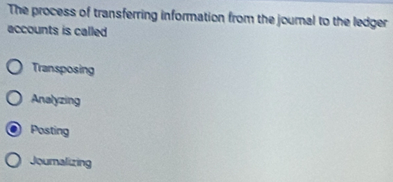 The process of transferring information from the journal to the ledger
accounts is called.
Transposing
Analyzing
Posting
Joumalizing