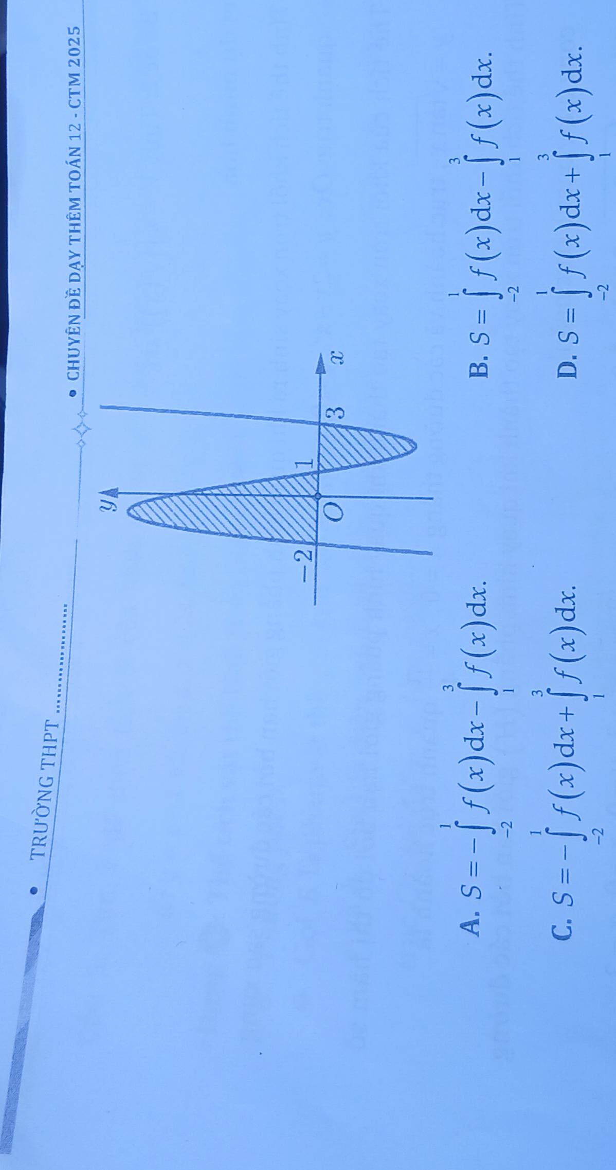 TRưỜNG THPT_
CHUYÊN ĐÊ DẠY THÊM TOÁN 12 - CTM 2025
A. S=-∈tlimits _(-2)^1f(x)dx-∈tlimits _1^3f(x)dx.
B. S=∈tlimits _(-2)^1f(x)dx-∈tlimits _1^3f(x)dx.
C、 S=-∈tlimits _(-2)^1f(x)dx+∈tlimits _1^3f(x)dx.
D. S=∈tlimits _(-2)^1f(x)dx+∈tlimits _1^3f(x)dx.