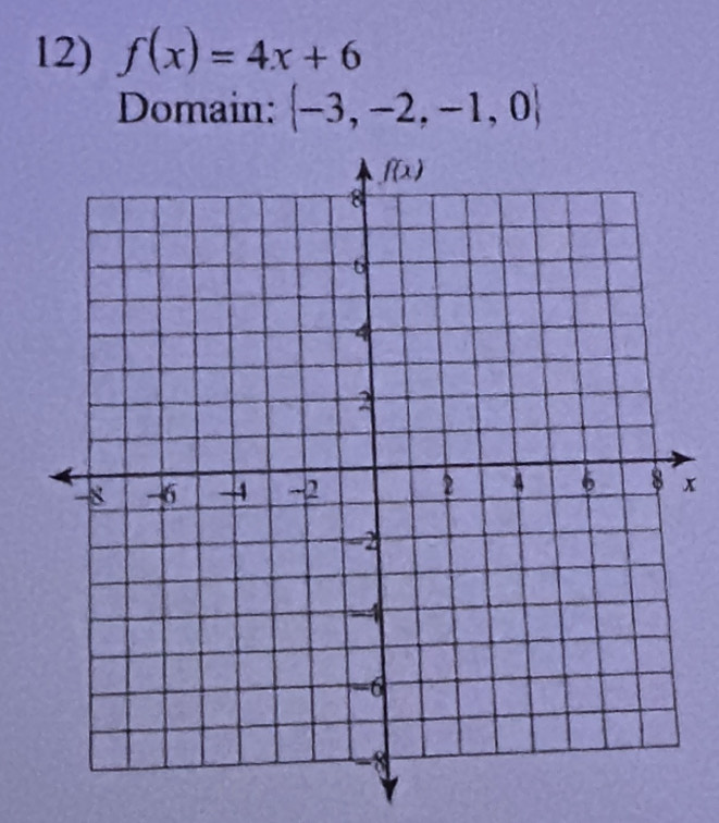 f(x)=4x+6
Domain:  -3,-2,-1,0
x