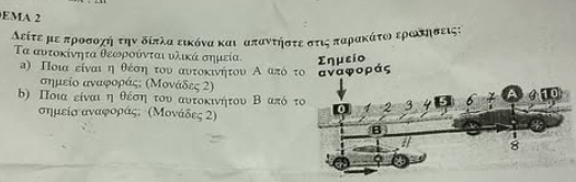 EMA 2 
είτε με προσοχήη την δίπλα εικόνα και απαντήστε στις παρακάτοι εραλκησεις: 
Τα αυτοκίνητα θεωρούνται υλικά σημεία. Σημεio 
α) Ποια είναι η θέση του αυτοκινήτου Α από το αναφοράς
σημείο αναφοράς; (Μονάδες 2) 
a 
b) Ποια είναι η θέση του αυτοκινητου Β από το 0 2 3 4 6 
σημείσ αναφοράς; (Μονάδες 2) 
B 
8