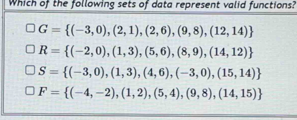 Which of the following sets of data represent valid functions?
G= (-3,0),(2,1),(2,6),(9,8),(12,14)
R= (-2,0),(1,3),(5,6),(8,9),(14,12)
S= (-3,0),(1,3),(4,6),(-3,0),(15,14)
F= (-4,-2),(1,2),(5,4),(9,8),(14,15)