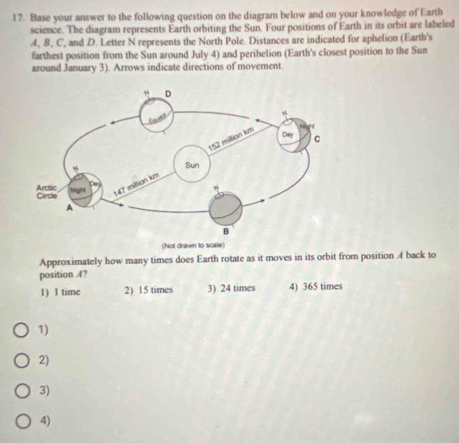 Base your answer to the following question on the diagram below and on your knowledge of Earth
science. The diagram represents Earth orbiting the Sun. Four positions of Earth in its orbit are labeled
4, B, C, and D. Letter N represents the North Pole. Distances are indicated for aphelion (Earth's
farthest position from the Sun around July 4) and perihelion (Earth's closest position to the Sun
around January 3). Arrows indicate directions of movement.
(Not drawn to scale)
Approximately how many times does Earth rotate as it moves in its orbit from position A back to
position 4?
1) 1 time 2) 15 times 3) 24 times 4) 365 times
1)
2)
3)
4)