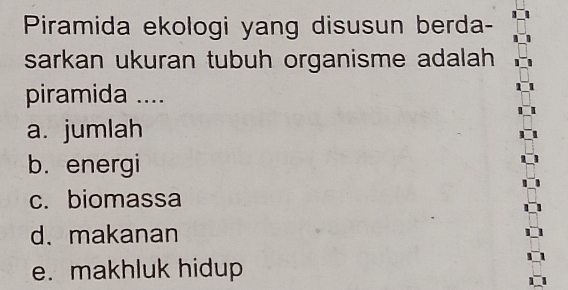 Piramida ekologi yang disusun berda-
sarkan ukuran tubuh organisme adalah
piramida ....
a. jumlah
b. energi
c. biomassa
d. makanan
e. makhluk hidup