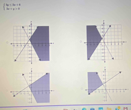 beginarrayl 3y≤ 2x+6 2x+y>0endarray.
。