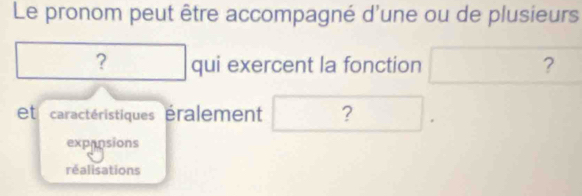 Le pronom peut être accompagné d'une ou de plusieurs
? qui exercent la fonction □ ?
et caractéristiques éralement frac □  ?
expansions
réalisations