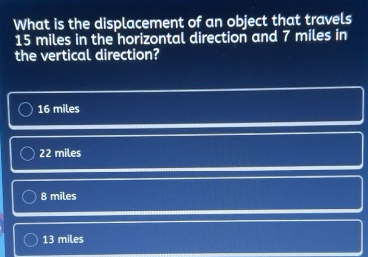 Solved: What is the displacement of an object that travels 15 miles in ...