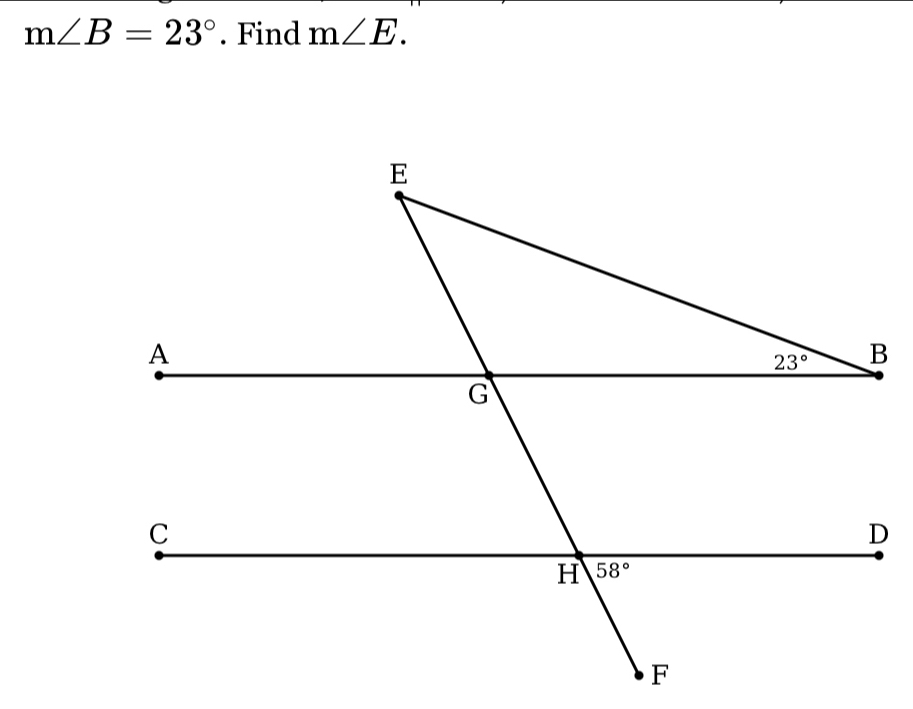 m∠ B=23°. Find m∠ E.