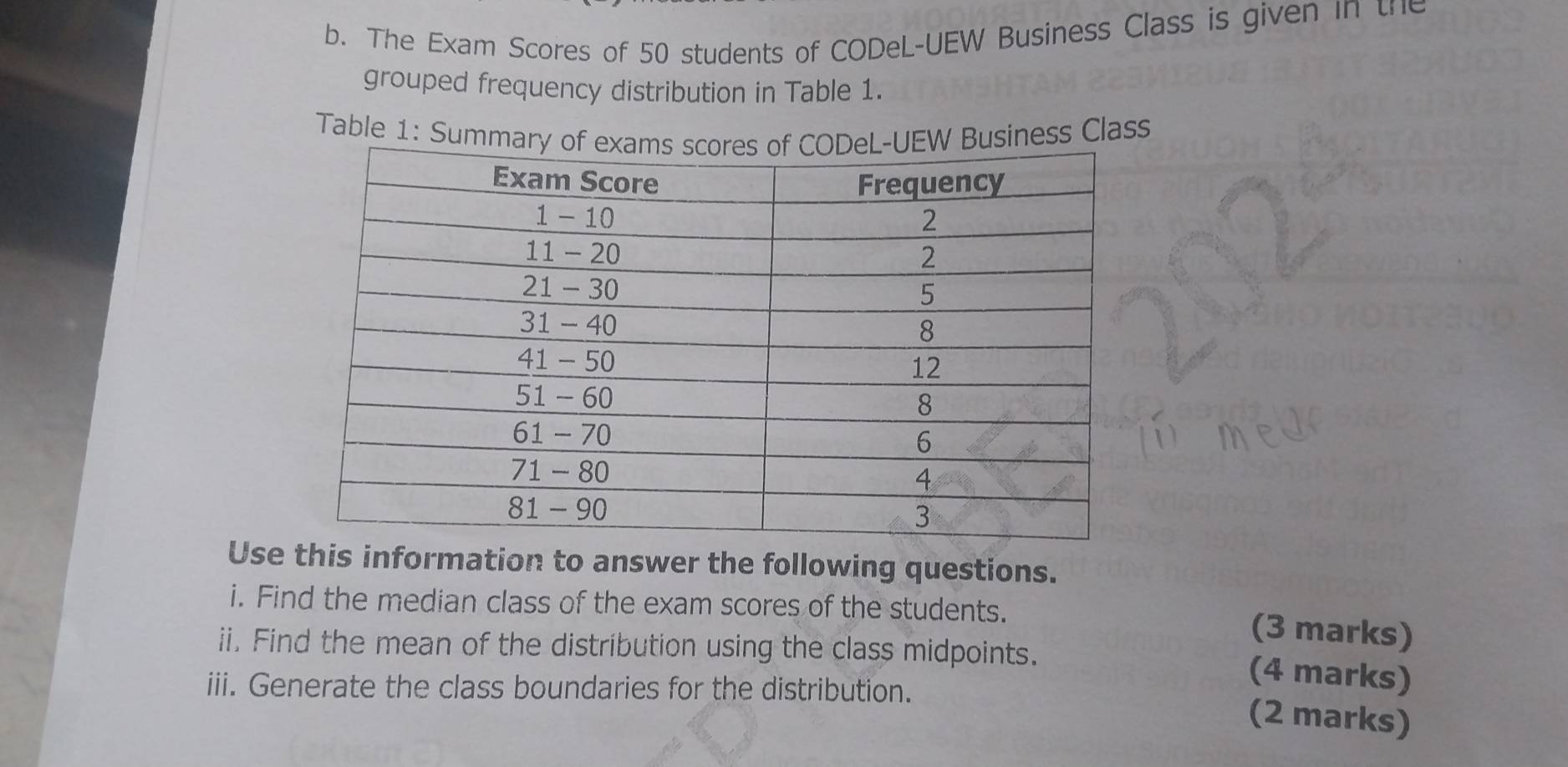 The Exam Scores of 50 students of CODeL-UEW Business Class is given in the 
grouped frequency distribution in Table 1. 
Table 1: Sumness Class 
Use this information to answer the following questions. 
i. Find the median class of the exam scores of the students. 
(3 marks) 
ii. Find the mean of the distribution using the class midpoints. 
iii. Generate the class boundaries for the distribution. 
(4 marks) 
(2 marks)