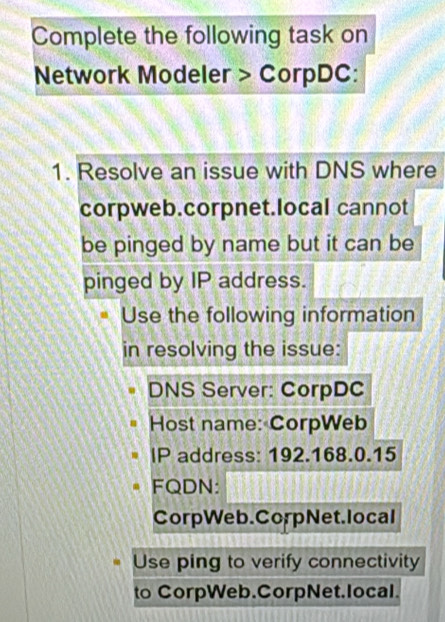Solved: Complete the following task on Network Modeler > CorpDC: 1 ...