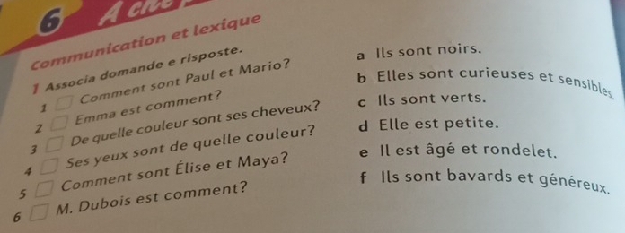 Communication et lexique
Associa domande e risposte.
a Ils sont noirs.
b Elles sont curieuses et sensibles
1 Comment sont Paul et Mario?
2 Emma est comment?
d Elle est petite.
3 De quelle couleur sont ses cheveux?
c Ils sont verts.
4 Ses yeux sont de quelle couleur?
5 Comment sont Élise et Maya?
e Il est âgé et rondelet.
6 M. Dubois est comment?
f Ils sont bavards et généreux.