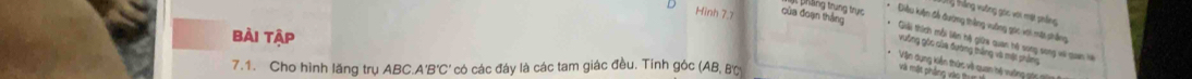 Tỷ Trằng vường gác với mặt phảng 
Hinh 7.7 của đoạn thắng 
Điều kiện đả đường thắng vưởng gọc xới mặt phẳng 
bài tập 
lng trung trục Giải thích mỗi liên hệ giữa quan hộ song song vi quan là 
Vuống gốc của đường thắng và một phòng 
Vận dụng kiến thức về quan hệ vưởng số 
7.1. Cho hình lăng trụ ABC. A'B'C' có các đáy là các tam giác đều. Tính góc (AB, B