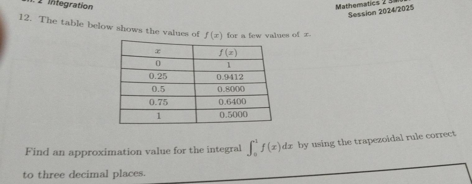 .2 Integration  Mathematics   M
Session 2024/2025
12. The table below shows the values of f(x) for a few values of x.
Find an approximation value for the integral ∈t _0^1f(x)dx by using the trapezoidal rule correct
to three decimal places.