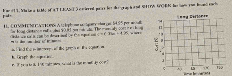 For #11, Make a table of AT LEAST 3 ordered pairs for the graph and SHOW WORK for how you found each 
pair. 
11. COMMUNICATIONS A telephone company charges $4.95 per month
for long distance calls plus $0.05 per minute. The monthly cost c of long 
distance calls can be described by the equation c=0.05m+4.95 , where
m is the number of minutes
a. Find the y-intercept of the graph of the equation. 
b. Graph the equation 
e. If you talk 140 minutes, what is the monthly cost? 
Time (minutes)