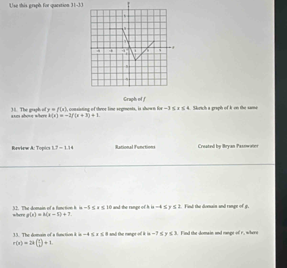 Use this graph for question 31-33 
Graph of f
31. The graph of y=f(x) , consisting of three line segments, is shown for -3≤ x≤ 4 Sketch a graph of k on the same 
axes above where k(x)=-2f(x+3)+1. 
Review A: Topics 1.7-1.14 Rational Functions Created by Bryan Passwater 
32. The domain of a function h is -5≤ x≤ 10 and the range of h is -4≤ y≤ 2 Find the domain and range of g. 
where g(x)=h(x-5)+7. 
33. The domain of a function k is -4≤ x≤ 8 and the range of k is -7≤ y≤ 3. Find the domain and range of r, where
r(x)=2k( x/3 )+1.