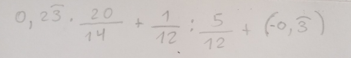 0,2overline 3·  20/14 + 1/12 : 5/12 +(-0,overline 3)