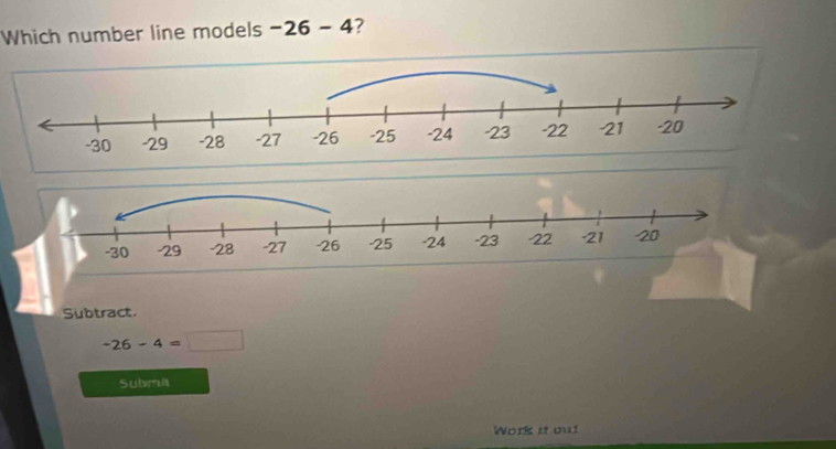 Which number line models -26-4 ? 
Subtract
-26-4=□
Subma 
Work it out