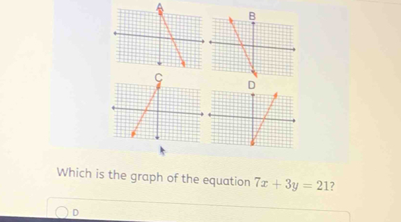 Which is the graph of the equation 7x+3y=21 ? 
D