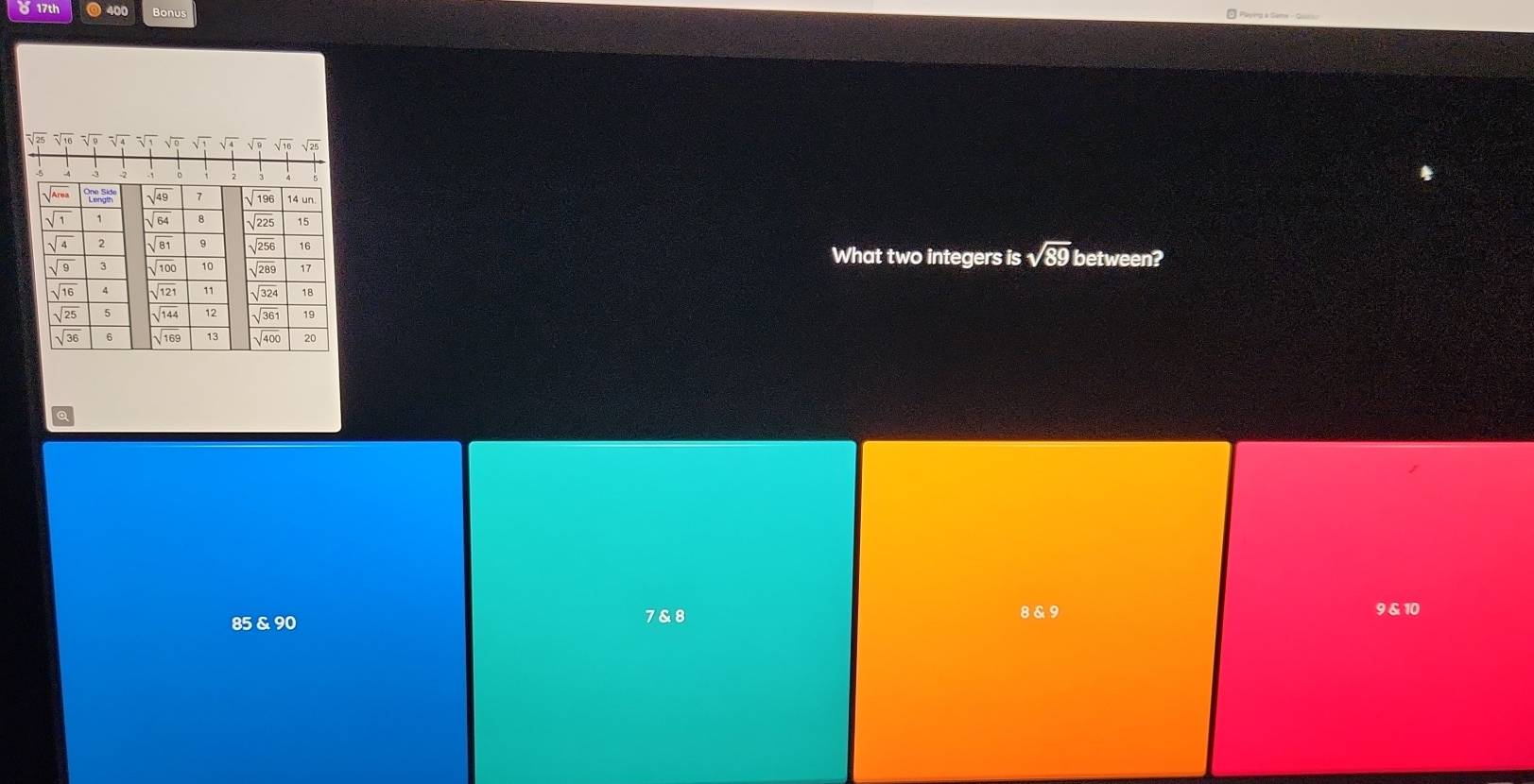 0 17th 400 Bonus
√ sqrt(4) sqrt(9)

What two integers is sqrt(89) between?
  
  
  
  
Q
85 & 90 7& 8 8 & 9 9 & 10
