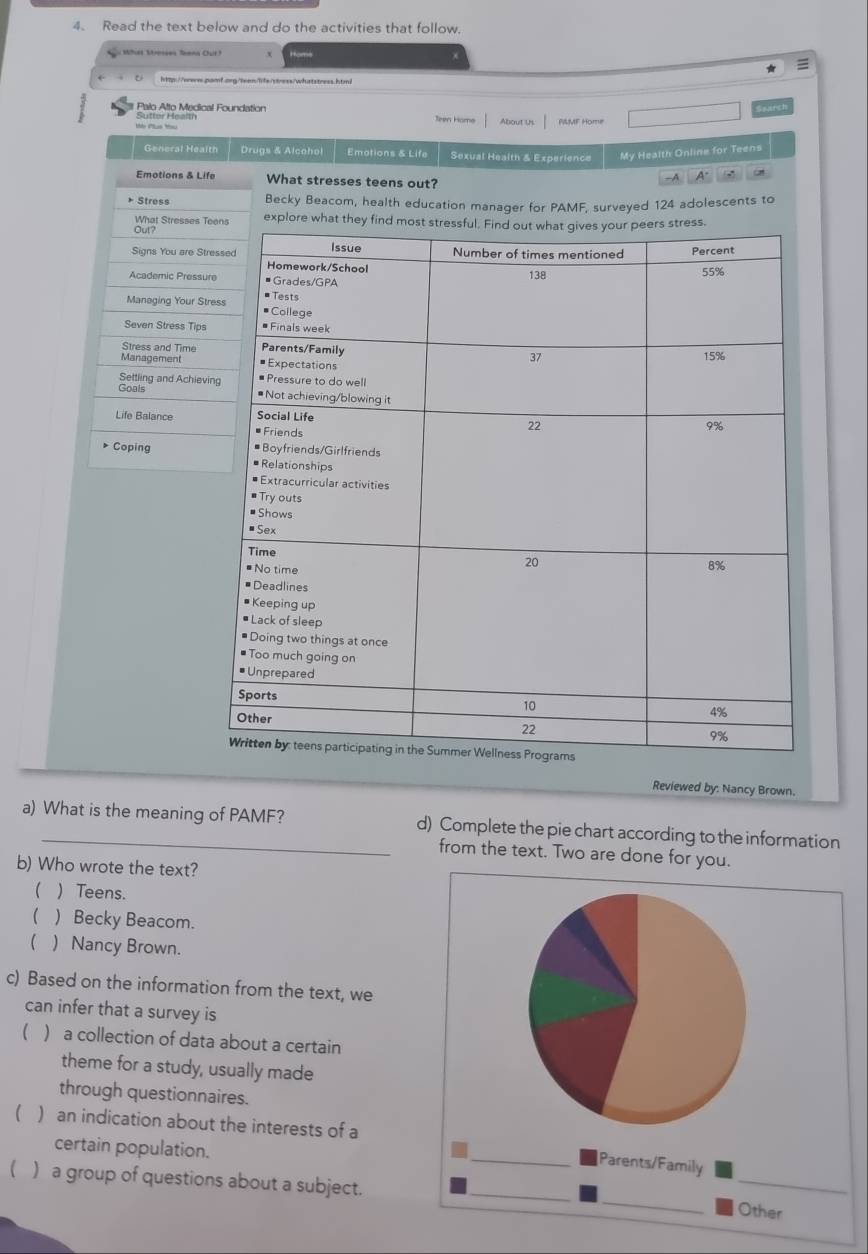 Read the text below and do the activities that follow.
Whit Mresées Seens Cut3 x
Sutter Health Palo Alto Medical Foundation
Teen Home About Us PMMF Home
General Health Drugs & Alcohol Emations & Life Sexual Health & Experience My Health Online for Teens
Emotions & Life What stresses teens out?
-A A. 
* Stress Becky Beacom, health education manager for PAMF, surveyed 124 adolescents to
What Stresses Texp
Out?
Signs You are St
Academic Pressu
Managing Your St
Seven Stress Tips
Stress and Time
Management
Settling and Achiev Goals
Life Balance
Coping 
Reviewed by: Nancy Brown.
a) What is the meaning of PAMF? d) Complete the pie chart according to the information
from the text. Two are done for you.
b) Who wrote the text?
 ) Teens.
 ) Becky Beacom.
( ) Nancy Brown.
c) Based on the information from the text, we
can infer that a survey is
 ) a collection of data about a certain
theme for a study, usually made
through questionnaires.
( ) an indication about the interests of a
certain population.
 ) a group of questions about a subject.
_
_Parents/Family
_
_
Other