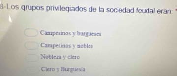 8-Los grupos privilegiados de la sociedad feudal eran:
Campesinos y burgueses
Campesinos y nobles
Nobleza y clero
Clero y Burguesía