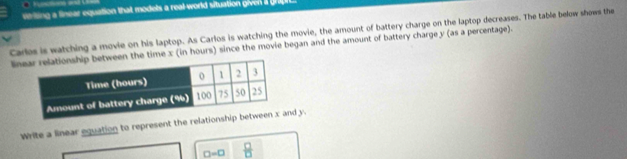 verting a lnear equation that modets a real-world situation given i gh 
Carles is watching a movie on his laptop. As Carlos is watching the movie, the amount of battery charge on the laptop decreases. The table below shows the 
li the time x (in hours) since the movie began and the amount of battery charge y (as a percentage). 
Write a linear equation to represent the relatiod y.
□ =□  □ /□  