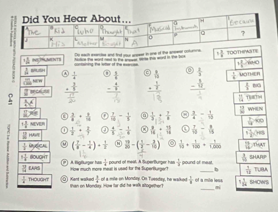 Do each exercise and find your answer in one of the answe
Notice the word next to the answer. Write this word in the box 1 3/8  T
1 5/24  (3sqrt(5)) FUMENTS containing the letter of the exercise.
 3/24  BAUSH
 111/1.200  N £1 V  1/4   5/6  a  9/10   2/3 
30° BECAUSE beginarrayr + 3/5  hline endarray _ - 4/9  beginarrayr 1 +2 hline endarray _ - 5/12 
K  1/4 A_1^(frac 17)20 e  3/8 + 9/16  a  7/10 - 1/5  a  1/3 + 7/8  a  3/4 - 1/10 
1 5/8  NEVE
 13/20  HAVE  1/2 + 2/7  0  4/5  - 1/6   9/16 + 15/16   7/10 - 8/15 
 1/2  Dusic ω ( 7/8 - 1/4 )+ 1/2   19/20 -( 1/2 - 3/10 ) o  1/10 + 1/100 + 1/1,000 
1 1/8  BOUGHT 
P  A BigBurger has  1/4  pound of meat. A SuperBurger has  1/3  pound of meat.
 13/14  EARS How much more meat is used for the SuperBurger? _lb
 1/4  THOUGHT Q Kent walked  3/4  of a mile on Monday. On Tuesday, he walked  1/8  of a mile less
than on Monday. How far did he walk altogether?
_mi