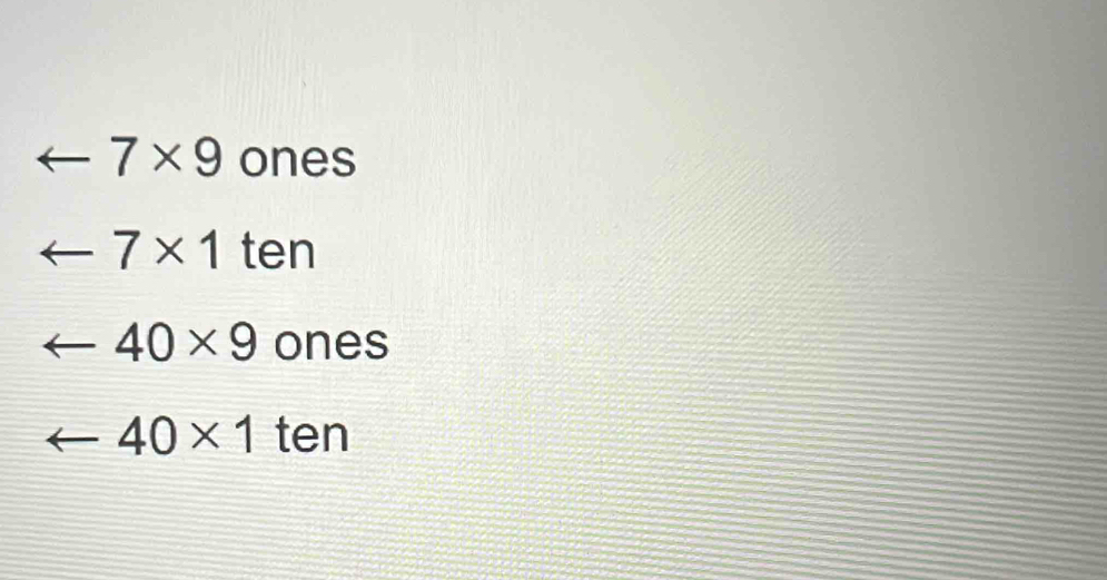 7* 9 ones
7* 1 ten
40* 9 ones
-40* 1 ten