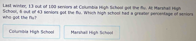 Last winter, 13 out of 100 seniors at Columbia High School got the flu. At Marshall High
School, 6 out of 43 seniors got the flu. Which high school had a greater percentage of seniors
who got the flu?
Columbia High School Marshall High School